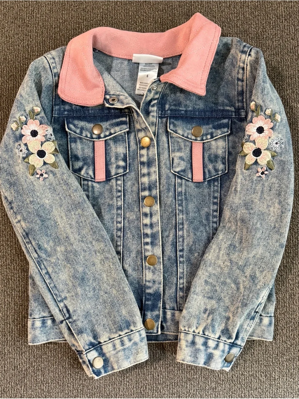Little Lass Girls Embroidered Denim Jacket | Pink Collar | Size 6